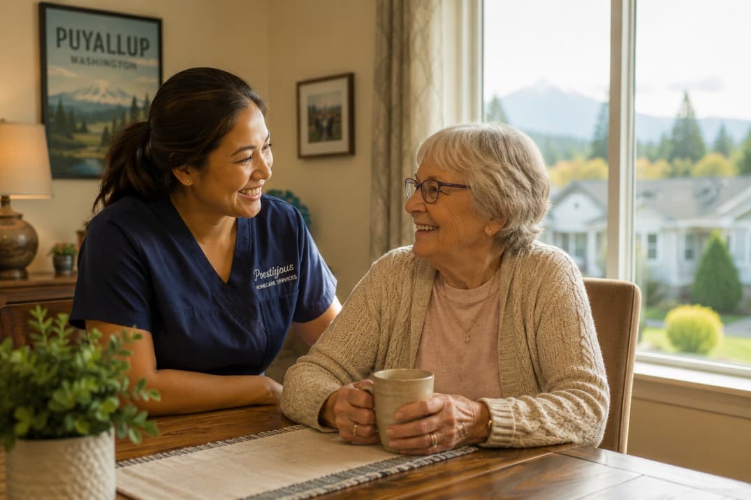 A caregiver and an older woman share conversation over tea.