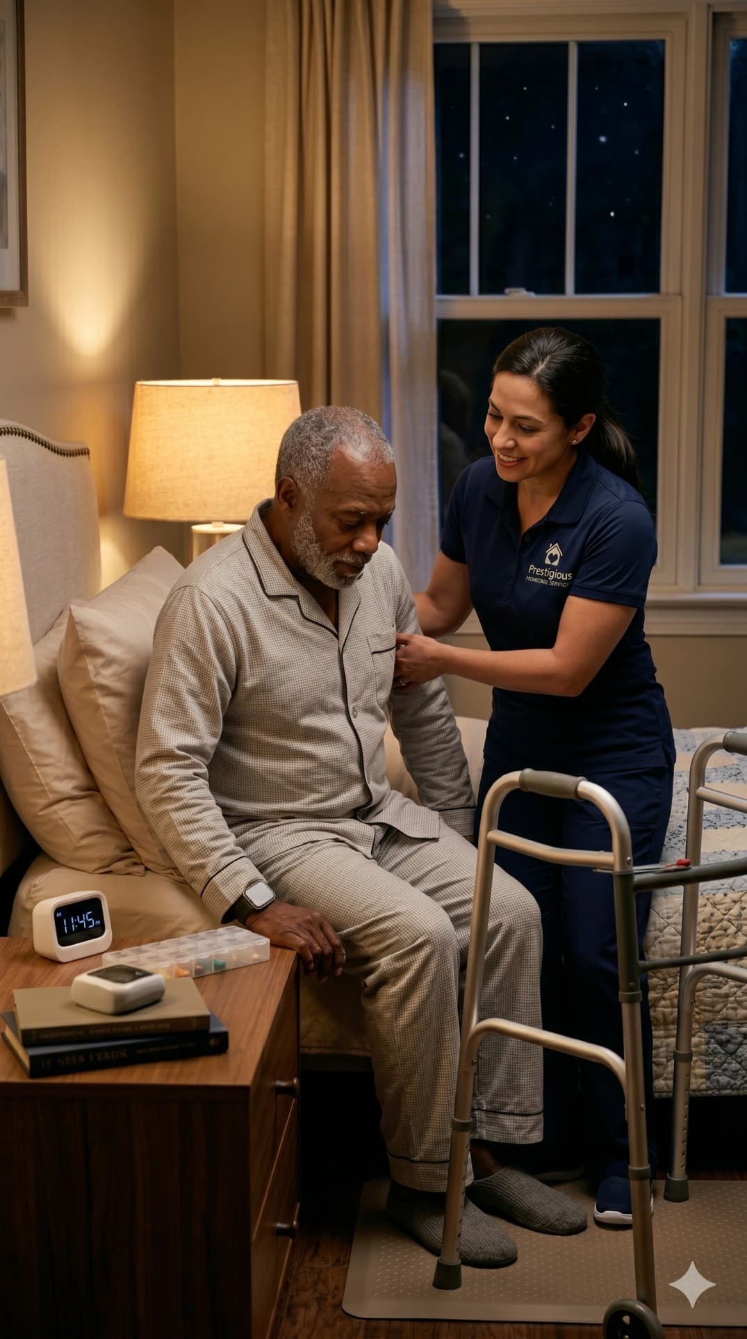 A caregiver supports an older adult with moving safely.